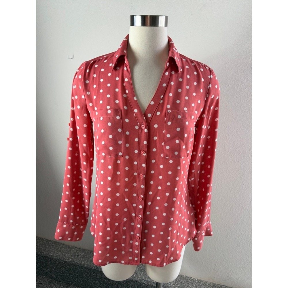 Express Womens Small Polka Dot Button Down Shirt Coral Pink Long Sleeve Roll Tab